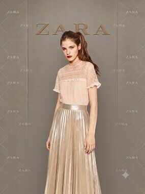 Zara Blush Lace Short Sleeve Crochet Ruffle Mock Neck Blouse - L